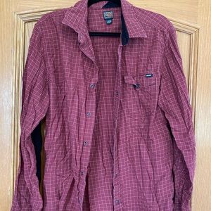Red Grid button down shirt with corduroy elbows